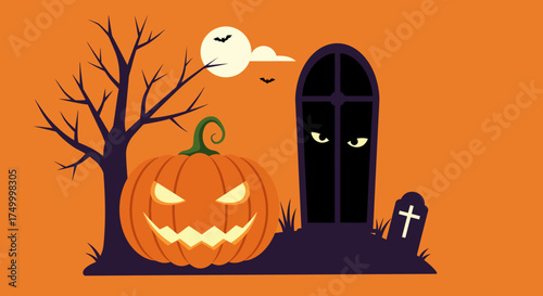 Spooky halloween night scene with a carved jack-o-lantern a bare tree a tombstone with glowing eyes and a full moon in the sky isolated on white background
