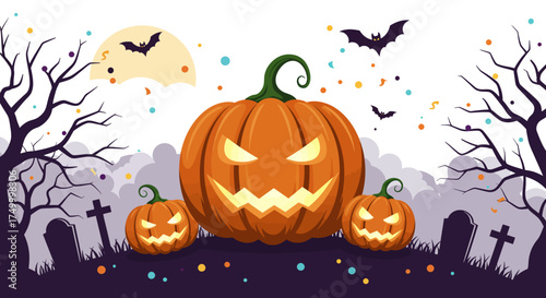 Scary jackolantern pumpkins glowing eerie light on halloween night with bats and spooky trees isolated on white background