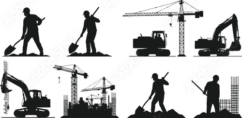 Construction workers silhouettes with cranes, heavy equipment, building site teamwork, safety helmet labor, industrial development, engineering project, 