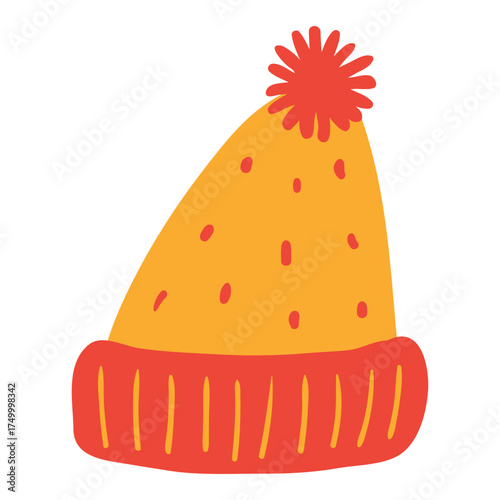 Warm knitted hat isolated on transparent. Hand drawn flat vector illustration. Traditional holiday, Xmas, New Year, seasonal design element, winter clothes clip art