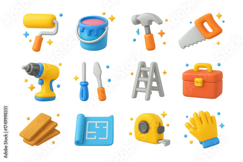 Colorful Renovation Tools. Renovation. 3D icons set of renovation: paint roller, paint bucket, hammer, saw, drill, screwdriver, ladder, toolbox, wooden planks,
