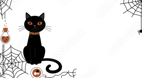 Spooky black cat with glowing eyes and spider webs for halloween celebration and festive autumn decoration vector