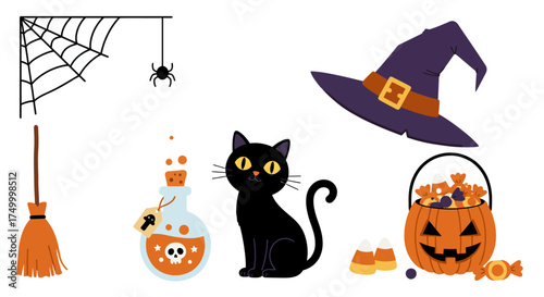Whimsical halloween icons set featuring black cat spiderweb broom witch hat potion and candy bucket for festive autumn celebrations and decorations vector