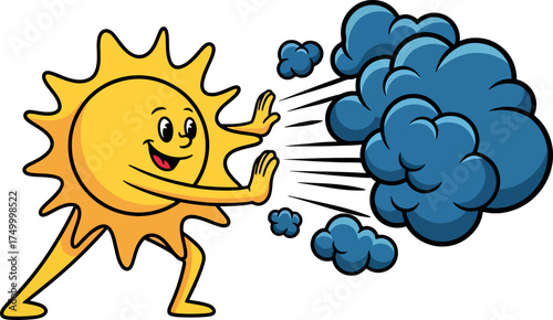 Happy Sun Pushing Away Storm Cloud - Weather Control Cartoon Vector.