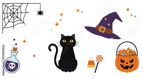 Whimsical halloween elements collection featuring black cat spider web witch hat potion jar pumpkin candy bucket and magic wand for festive decorations and design vector
