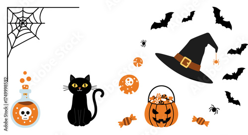 Whimsical halloween corner decor featuring a black cat spiderweb witch hat bats candy corn and pumpkin treat bag for festive seasonal celebration vector
