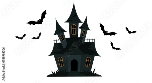 Spooky haunted mansion silhouette with flying bats halloween celebration atmospheric design element graphic vector