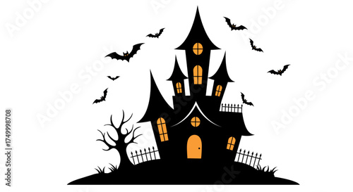 Spooky haunted mansion with silhouetted bats and a twisted tree for halloween night celebrations vector