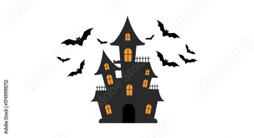 Spooky haunted mansion with flying bats halloween scene silhouette perfect for party decorations and spooky celebrations vector
