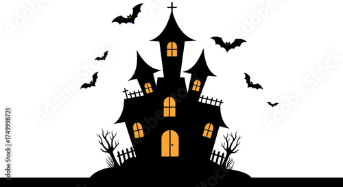 Spooky haunted mansion silhouette with bats flying around and glowing windows for halloween festive atmosphere design vector