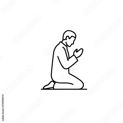 Simple line icon of a praying person on knees with folded hands. Minimal religious illustration symbolizing faith, worship, spirituality, hope, and devotion to God.
