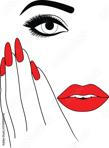 Close-up of Woman's Face with Red Nails and Lips