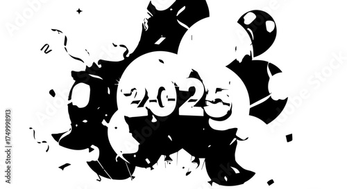 Bold Black and White 2025 Text Design with Abstract Splatter Effect.