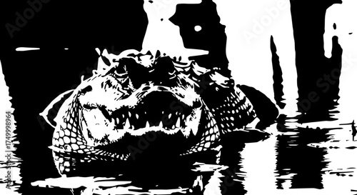 Bold Black and White Alligator Portrait with Detailed Textured Skin and Open Jaws.