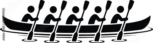 Five People Paddling in a Canoe - Teamwork Icon