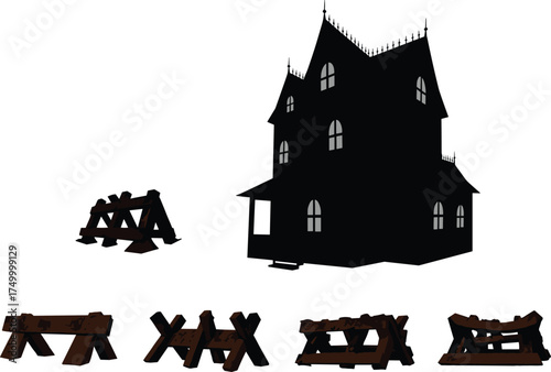 Haunted gothic house silhouette with wooden barricades, spooky architecture, creepy design, Halloween horror theme, scary night illustration, dark mysterious atmosphere