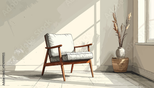 Cozy armchair near window with dried flowers