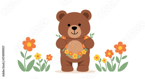 A cute teddy bear wearing a flower garland stands surrounded by blooming flowers.