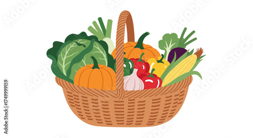 A bountiful basket overflowing with a vibrant assortment of fresh garden vegetables in autumn.