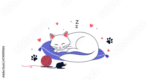A peaceful white cat naps soundly on a plush pillow surrounded by playful paw prints and a toy mouse.