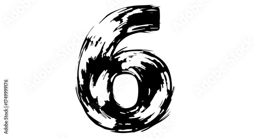 Bold Black Brushstroke Number Six with Textured, Artistic Appearance.
