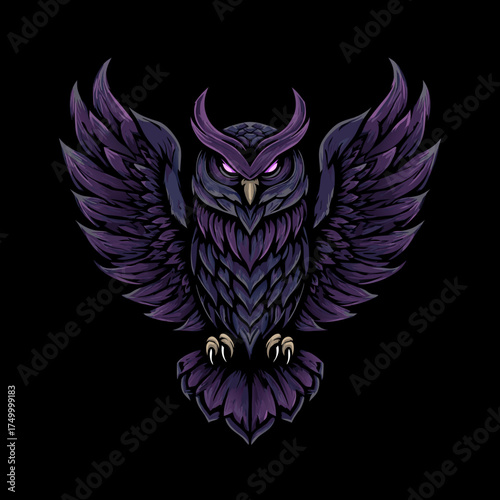 Stylized purple owl illustration with spread wings and glowing eyes on a dark background. Majestic nocturnal bird artwork.