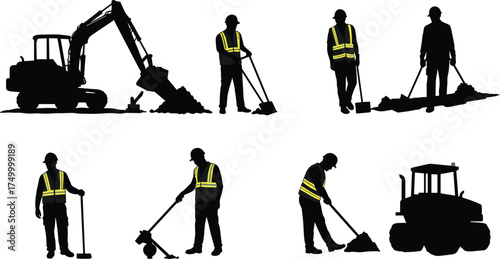 Construction workers silhouettes, heavy machinery, safety vest, hard hat, teamwork, excavation, bulldozer, shovel, compactor, building site, labor, industry, equipment, engineering, \