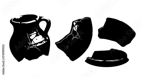 Broken Ceramic Pitcher with Handle and Scattered Fragments, Black Silhouette.