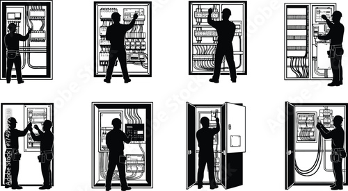 Electrician working on electrical panel, silhouette worker maintenance, circuit breaker repair, power control box, industrial safety, energy installation, professional technician illustration