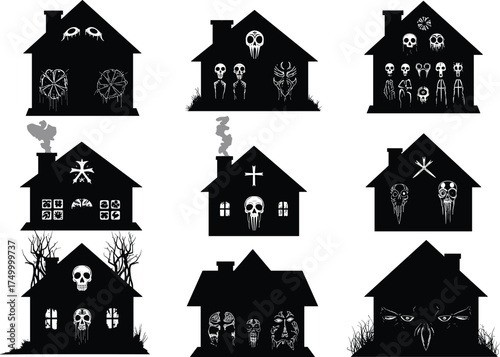 Haunted house silhouettes with ghosts, horror faces, spooky windows, Halloween night, creepy architecture, dark symbols, scary atmosphere, supernatural haunted design