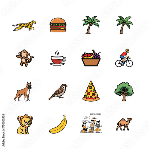 Collection of whimsical hand-drawn style icons featuring animals food nature and activities