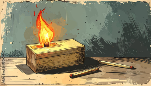 Burning matchbox with lit matches on wooden surface