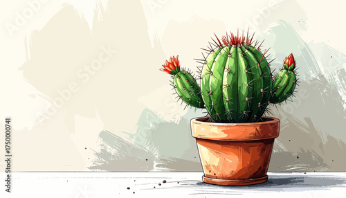 Cactus in terracotta pot on wooden surface