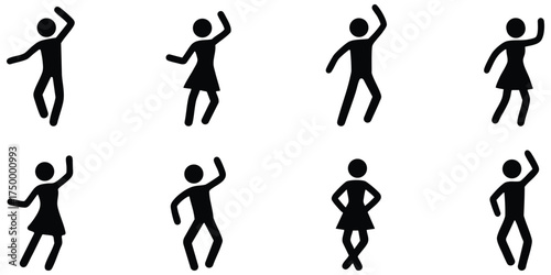 Dancing stickman silhouettes performing various joyful dance poses and movements expressing celebration, happiness, and rhythm concept