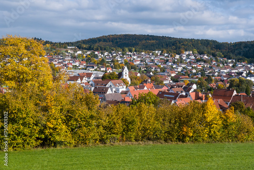 Tableau sur toile Panorama von Gammertingen im Herbst (Hohenzollern), Landkreis Sigmaringen