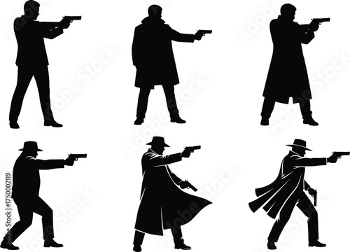 Silhouette gunman figures, noir detective style, mafia gangster poses, armed men with pistols, dramatic action stance illustration, Christmas zombie