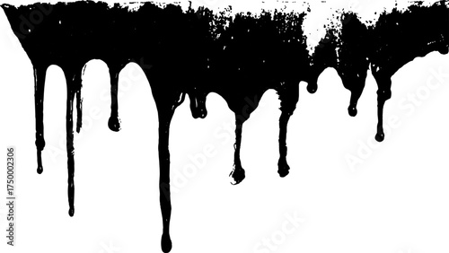Abstract dripping black paint on white background. Black dripping paint isolated on white background. Dark dripping liquid abstract art. Dark liquid drips downwards, with a glittery, reflective 