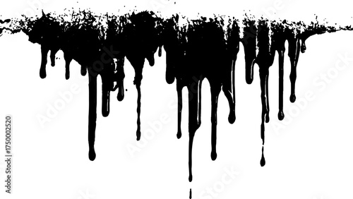 Abstract dripping black paint on white background. Black dripping paint isolated on white background. Dark dripping liquid abstract art. Dark liquid drips downwards, with a glittery, reflective 