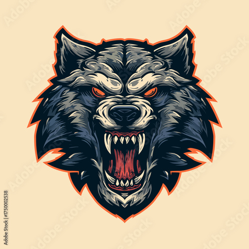 Aggressive snarling wolf head illustration with sharp teeth and glowing red eyes, fierce wild animal mascot for gaming, esports, or graphic design.