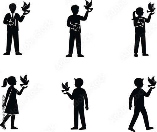Silhouette people holding doves, peace unity concept, professional diversity illustration, symbolic bird art, freedom hope design, harmony message, symbolic equality