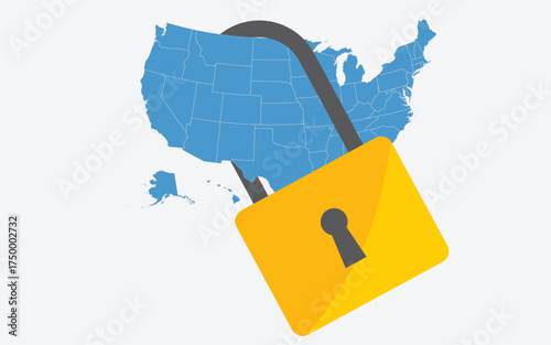 USA map with lock concept image, government shutdown stock image, usa map and lock image