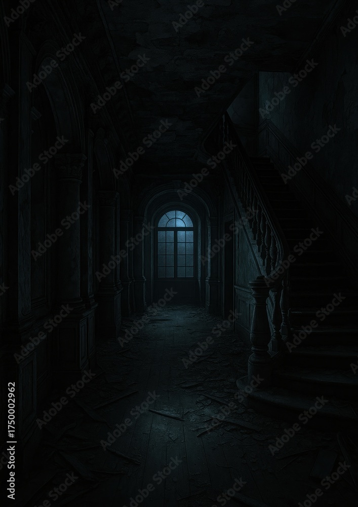 Obraz premium Eerie abandoned dark hallway mystery