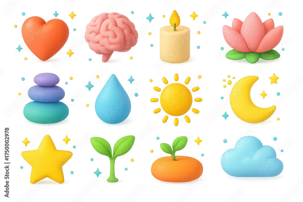 Naklejka premium Emotional Balance Icons. Emotional balance. 3D icons set of emotional balance: heart, brain, candle, lotus flower, balanced stones, water droplet, sun, moon,