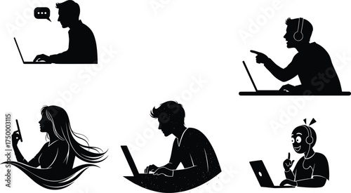 Silhouette people using laptop and mobile devices, digital communication, online learning, remote work, chatting, technology interaction, teamwork, internet lifestyle