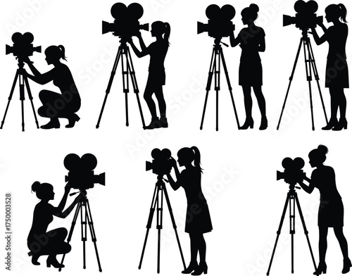 Silhouette women operating vintage film cameras, cinematography illustration, retro movie production, tripod equipment, filmmaking process, creative art, director concept, photography