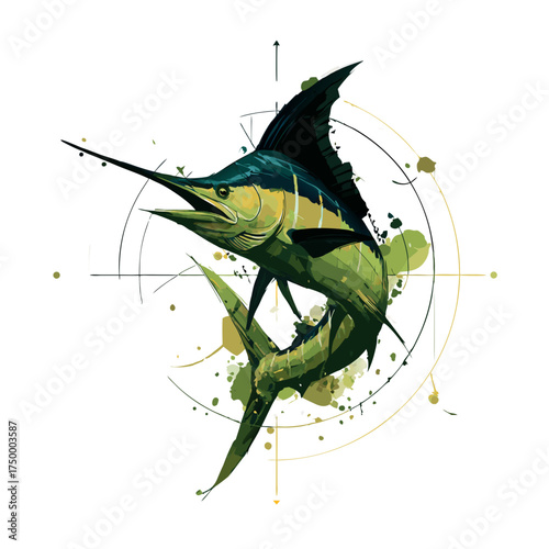 Dynamic watercolor style marlin illustration with abstract geometric elements and paint splatters, isolated on white, game fish art.
