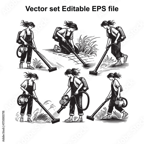 Vector art of a set of six black and white illustrations depicting a woman vacuuming in different poses and environments, emphasizing cleaning and household chores