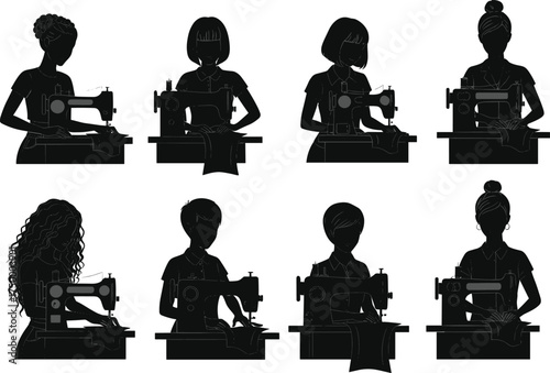 Silhouettes of diverse people sewing at machines, textile workers in garment factory, fashion design, craftsmanship, labor industry, Christmas zombie