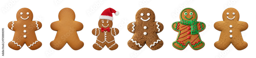 Naklejka premium Gingerbread cookie set including various decorated and plain versions isolated. Festive Christmas holiday treat collection.