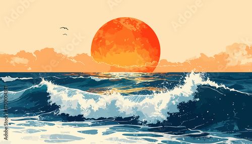 Ocean sunset with crashing waves and birds flying